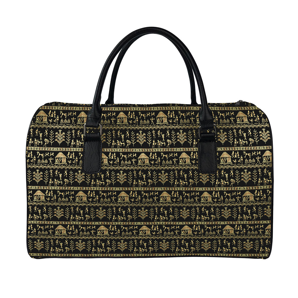 Black And Gold Warli Pattern Print Leather Duffle Bag