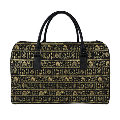 Black And Gold Warli Pattern Print Leather Duffle Bag