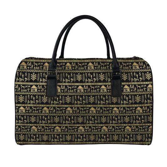 Black And Gold Warli Pattern Print Leather Duffle Bag