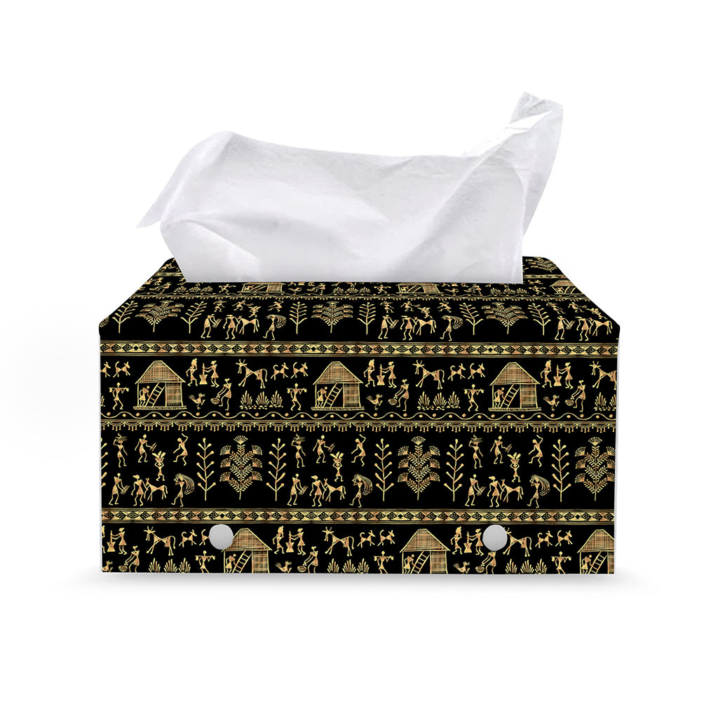 Black And Gold Warli Pattern Print Leather Tissue Box Cover