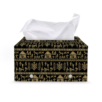 Black And Gold Warli Pattern Print Leather Tissue Box Cover