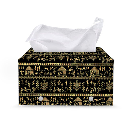 Black And Gold Warli Pattern Print Leather Tissue Box Cover