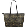 Black And Gold Warli Pattern Print Leather Tote Bag With Zipper