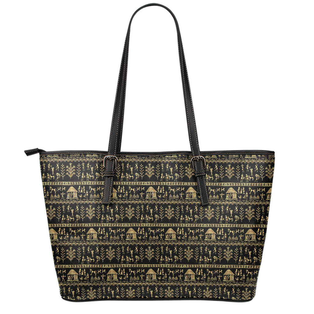 Black And Gold Warli Pattern Print Leather Tote Bag