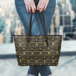 Black And Gold Warli Pattern Print Leather Tote Bag