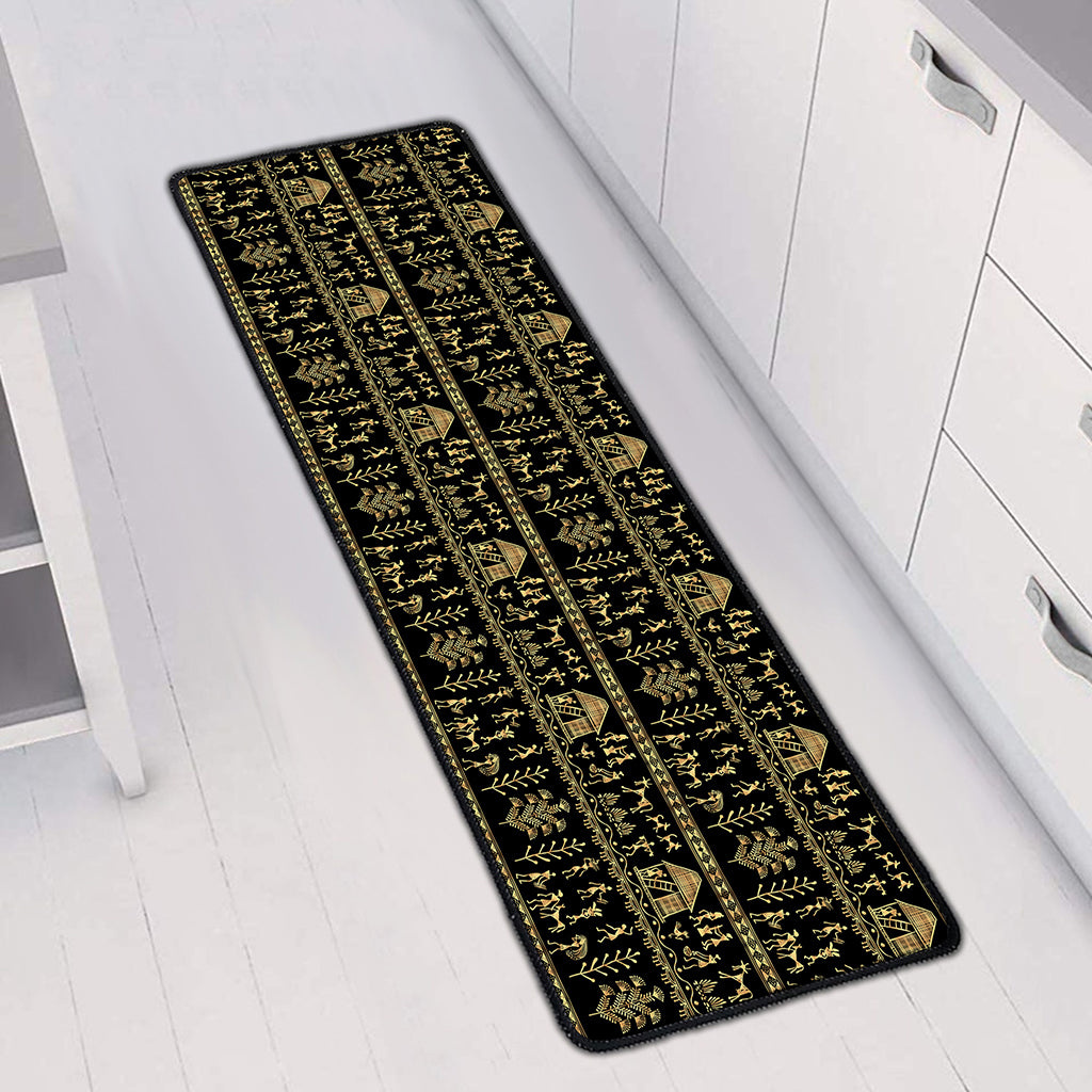 Black And Gold Warli Pattern Print Long Kitchen Mat