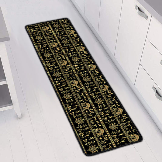 Black And Gold Warli Pattern Print Long Kitchen Mat
