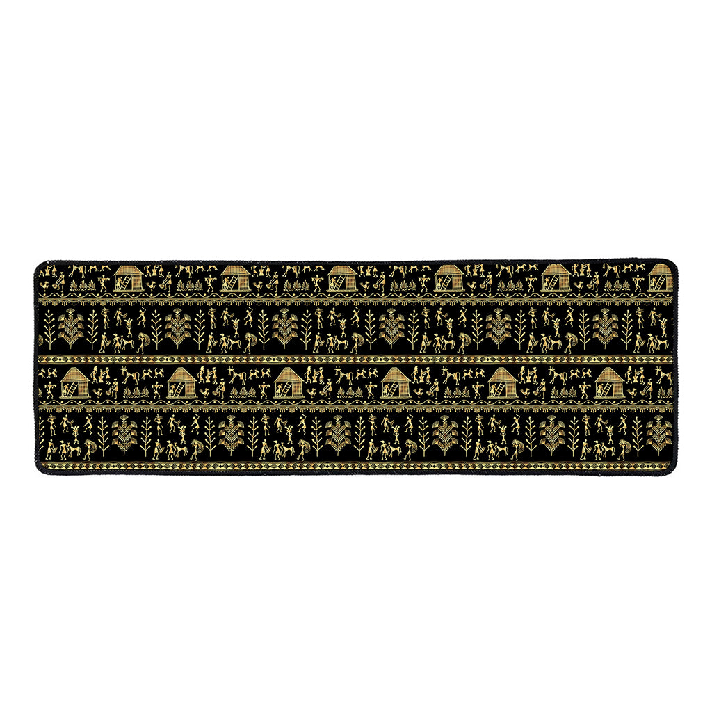 Black And Gold Warli Pattern Print Long Kitchen Mat