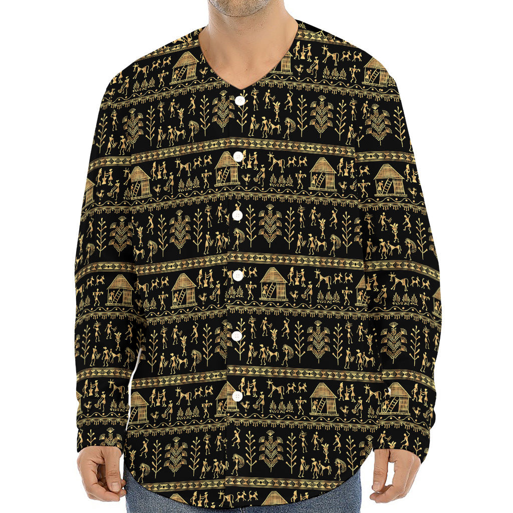 Black And Gold Warli Pattern Print Long Sleeve Baseball Jersey