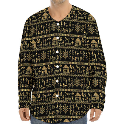 Black And Gold Warli Pattern Print Long Sleeve Baseball Jersey