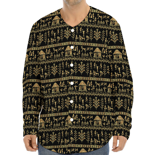 Black And Gold Warli Pattern Print Long Sleeve Baseball Jersey