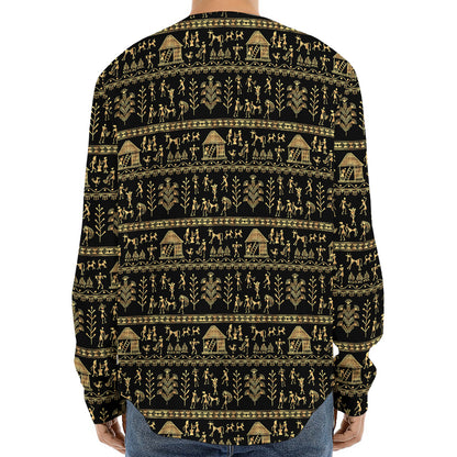 Black And Gold Warli Pattern Print Long Sleeve Baseball Jersey
