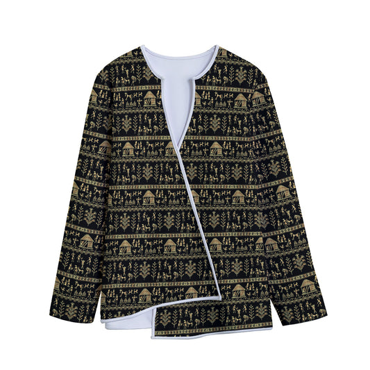 Black And Gold Warli Pattern Print Long Sleeve Short Coat