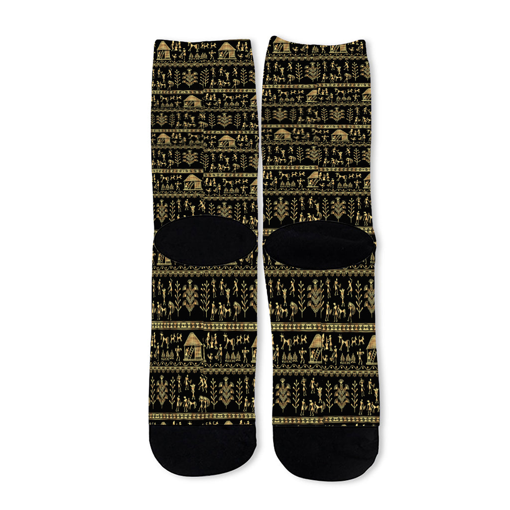 Black And Gold Warli Pattern Print Long Socks