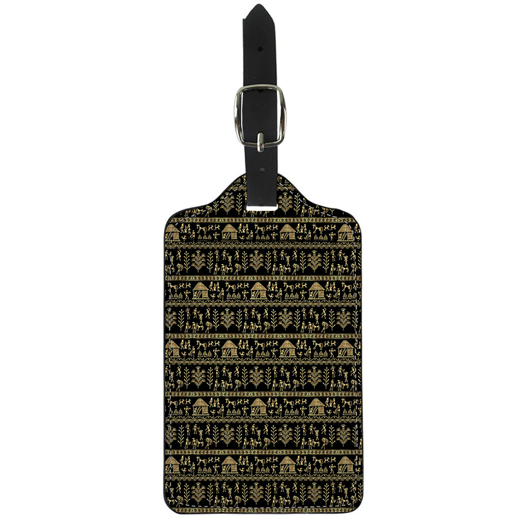 Black And Gold Warli Pattern Print Luggage Tag