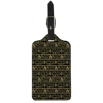 Black And Gold Warli Pattern Print Luggage Tag