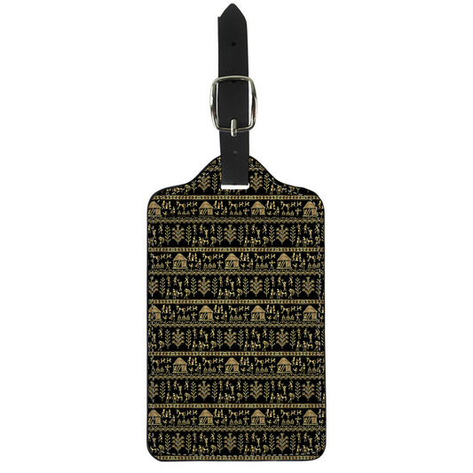 Black And Gold Warli Pattern Print Luggage Tag