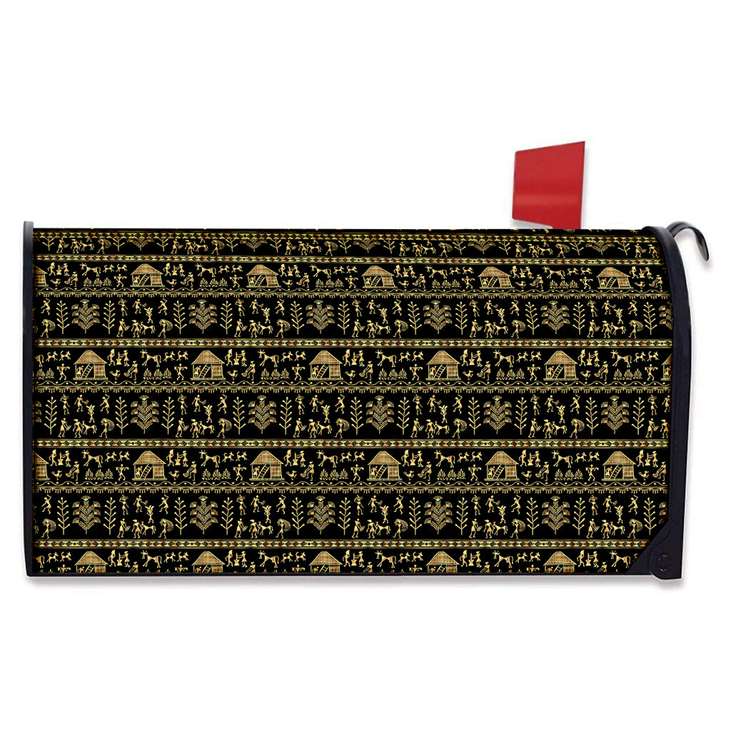 Black And Gold Warli Pattern Print Mailbox Cover