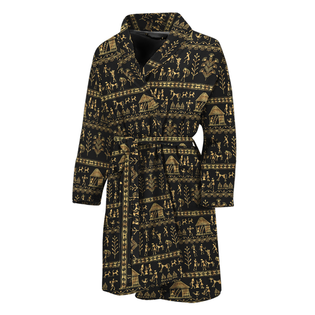 Black And Gold Warli Pattern Print Men's Bathrobe