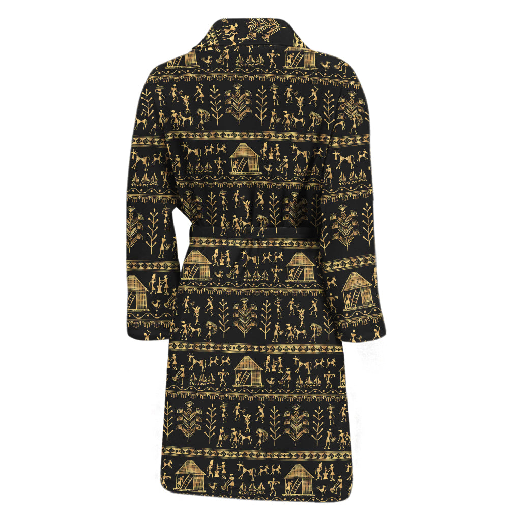 Black And Gold Warli Pattern Print Men's Bathrobe