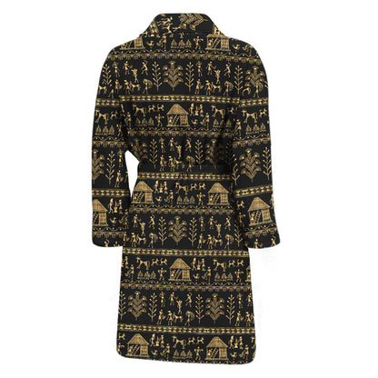 Black And Gold Warli Pattern Print Men's Bathrobe