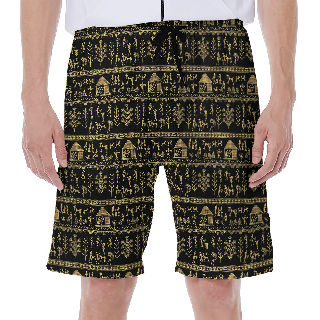 Black And Gold Warli Pattern Print Men's Beach Shorts