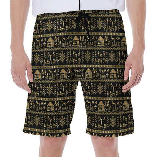 Black And Gold Warli Pattern Print Men's Beach Shorts