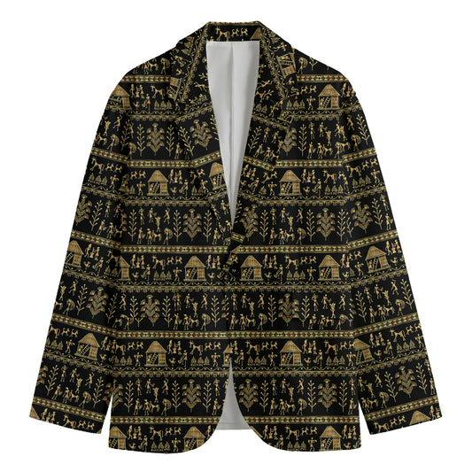 Black And Gold Warli Pattern Print Men's Blazer