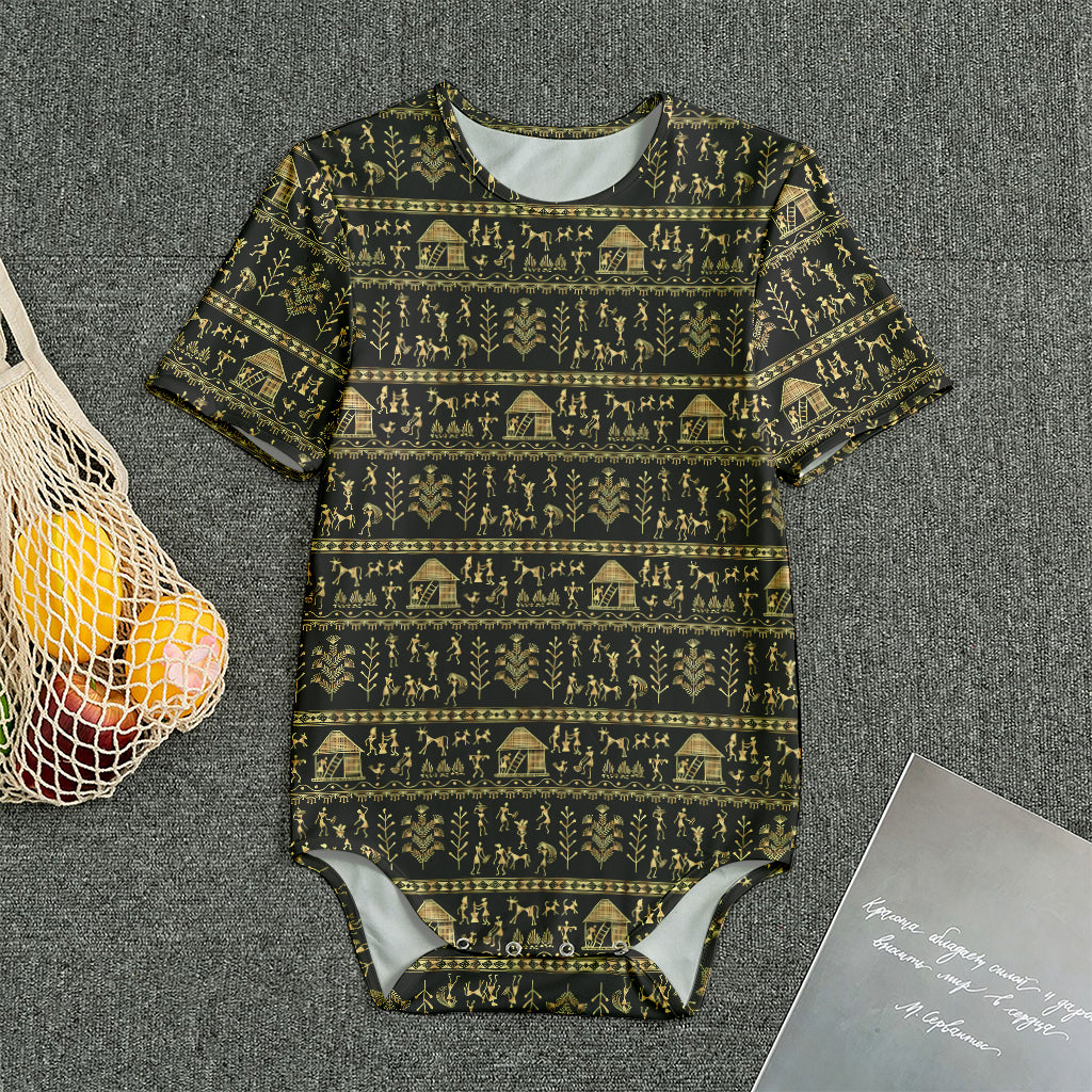 Black And Gold Warli Pattern Print Men's Bodysuit