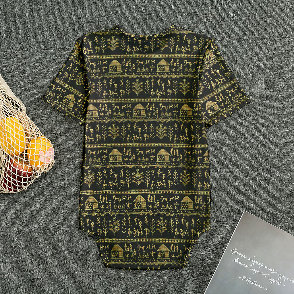 Black And Gold Warli Pattern Print Men's Bodysuit