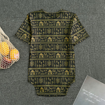 Black And Gold Warli Pattern Print Men's Bodysuit