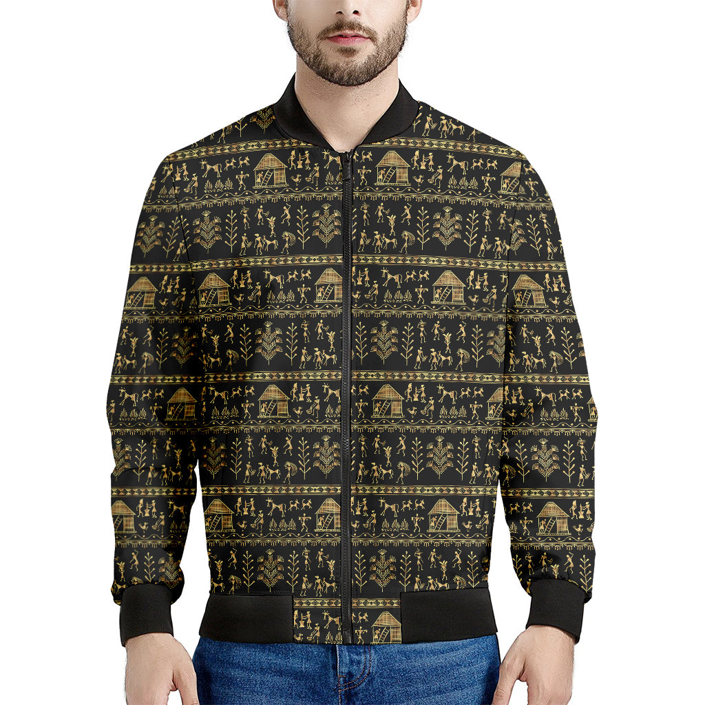 Black And Gold Warli Pattern Print Men's Bomber Jacket