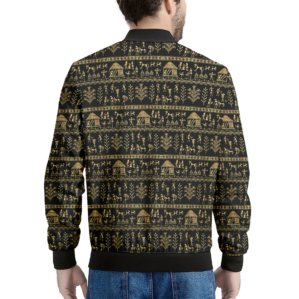 Black And Gold Warli Pattern Print Men's Bomber Jacket