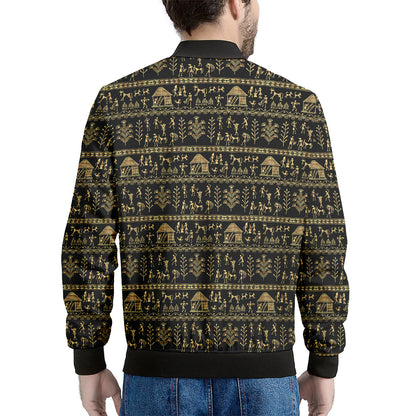 Black And Gold Warli Pattern Print Men's Bomber Jacket