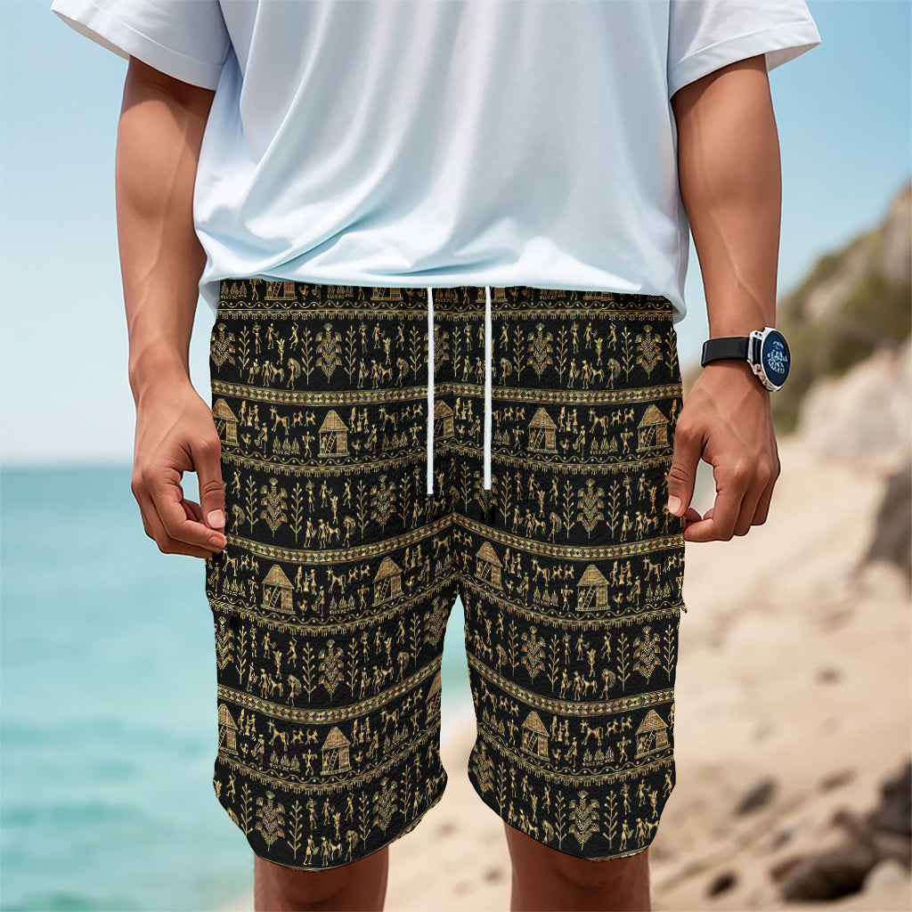 Black And Gold Warli Pattern Print Men's Cargo Shorts