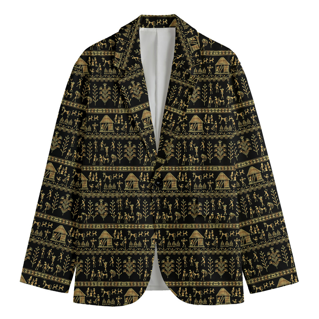 Black And Gold Warli Pattern Print Men's Cotton Blazer