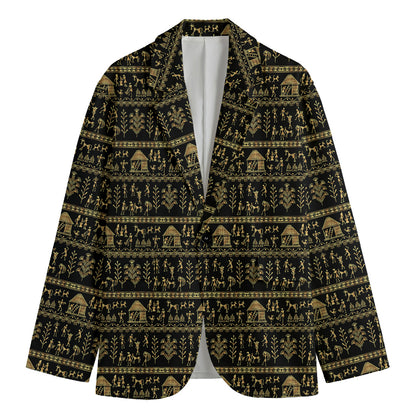 Black And Gold Warli Pattern Print Men's Cotton Blazer