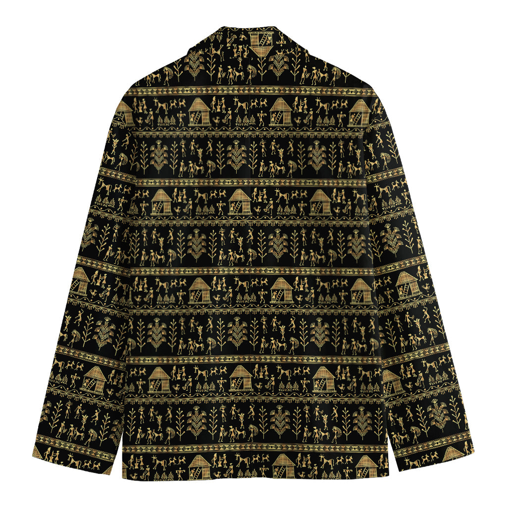 Black And Gold Warli Pattern Print Men's Cotton Blazer