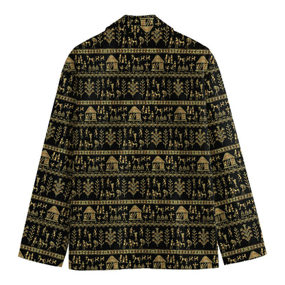 Black And Gold Warli Pattern Print Men's Cotton Blazer