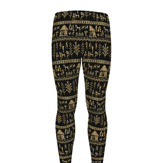 Black And Gold Warli Pattern Print Men's leggings