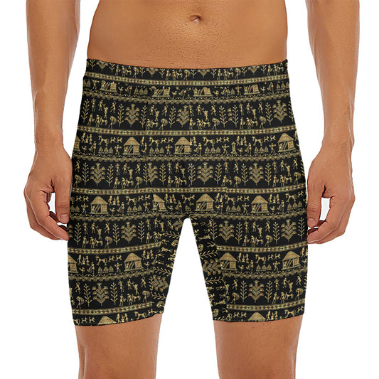 Black And Gold Warli Pattern Print Men's Long Boxer Briefs