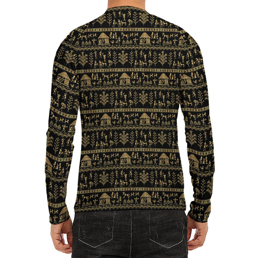 Black And Gold Warli Pattern Print Men's Long Sleeve Rash Guard