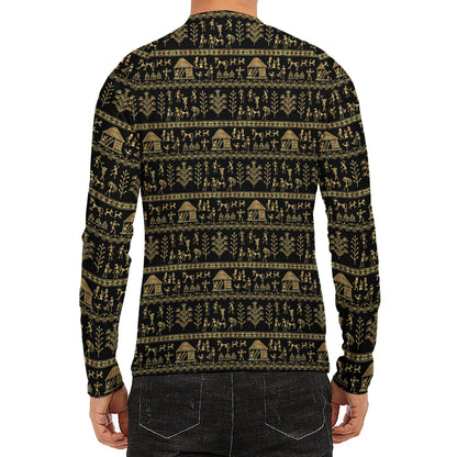 Black And Gold Warli Pattern Print Men's Long Sleeve Rash Guard