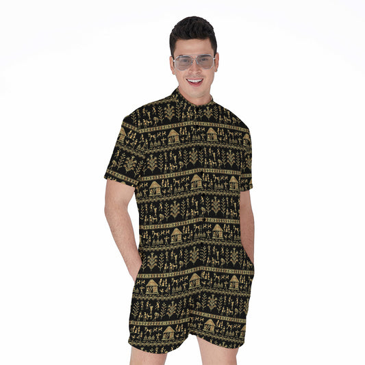 Black And Gold Warli Pattern Print Men's Rompers