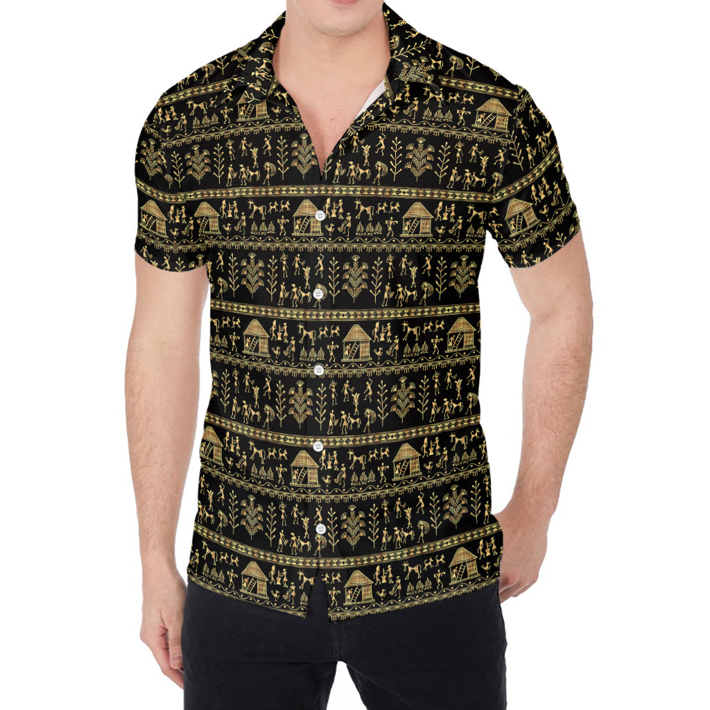 Black And Gold Warli Pattern Print Men's Shirt