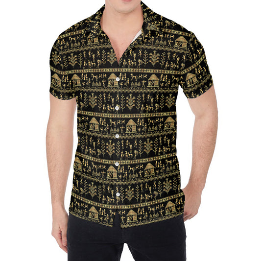 Black And Gold Warli Pattern Print Men's Shirt