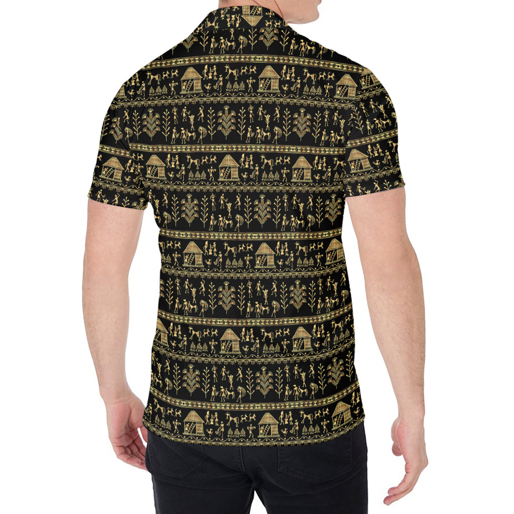 Black And Gold Warli Pattern Print Men's Shirt