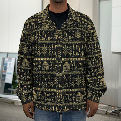 Black And Gold Warli Pattern Print Men's Shirt Jacket