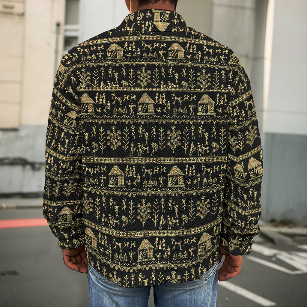 Black And Gold Warli Pattern Print Men's Shirt Jacket