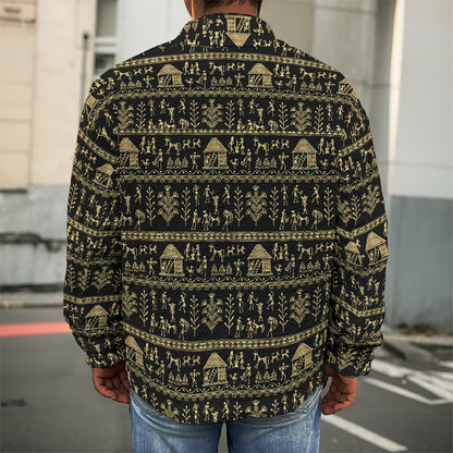 Black And Gold Warli Pattern Print Men's Shirt Jacket